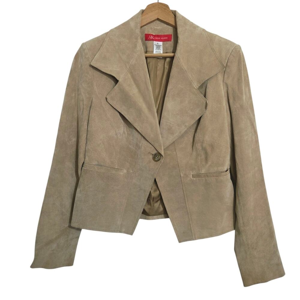 Anne Klein 100% Leather Suede Tan Single Button Jacket Lined Preppy SMALL